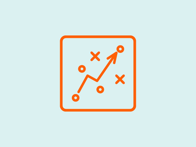 An orange vector design of an arrow moving from a circle on the bottom left corner to the top right corner of a rounded square with a blue background.