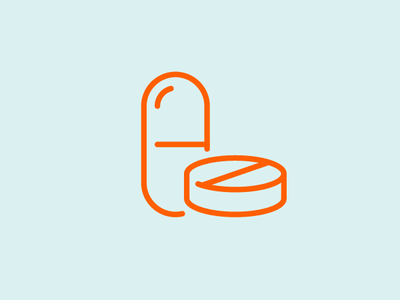 An orange vector design of a two medicinal tablets with a blue background.