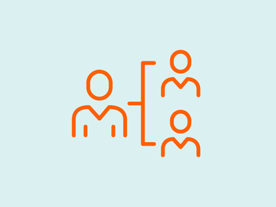 An orange vector design of 3 people connected by lines with a blue background.