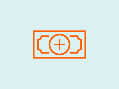 An orange vector design of a money bill with an orange plus sign in the middle with a blue background.