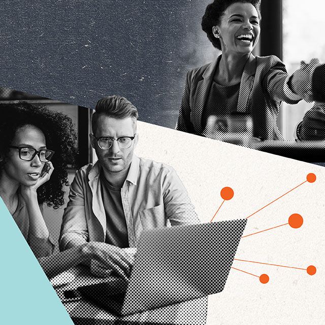 Collage of people ideating, leading, problem solving, and working towards success.